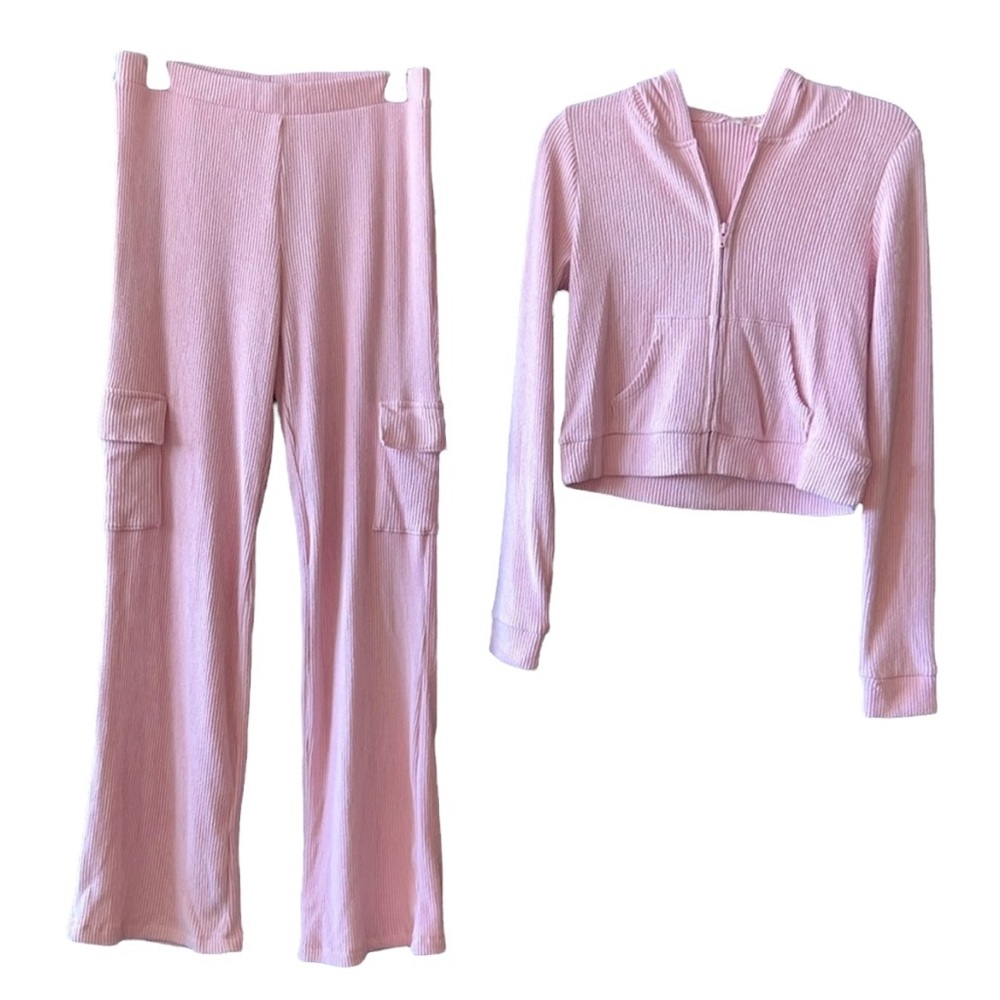 NWT Y2K Set Baby Pink Ribbed Cargo Flare Pants & Cropped Zip Hoodie 2 Piece Set - Picture 3 of 3